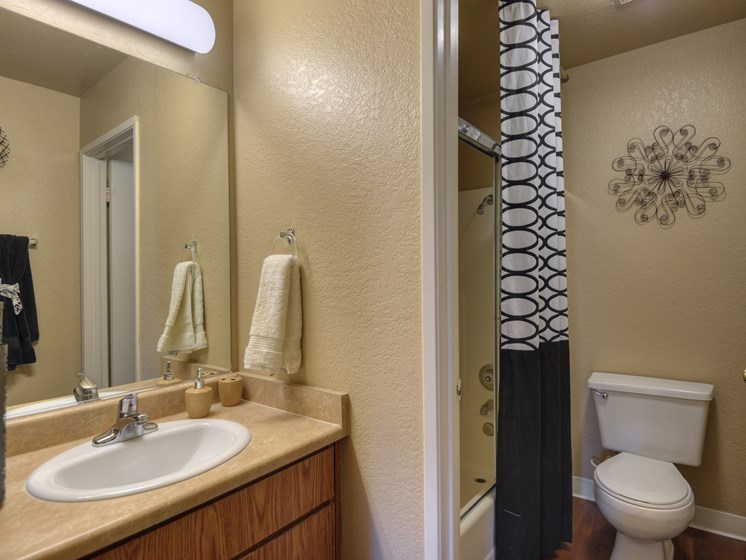 Bathroom with Sink Countertop, Wood Inspired Floor, Full Vanity, Toilet, Shower